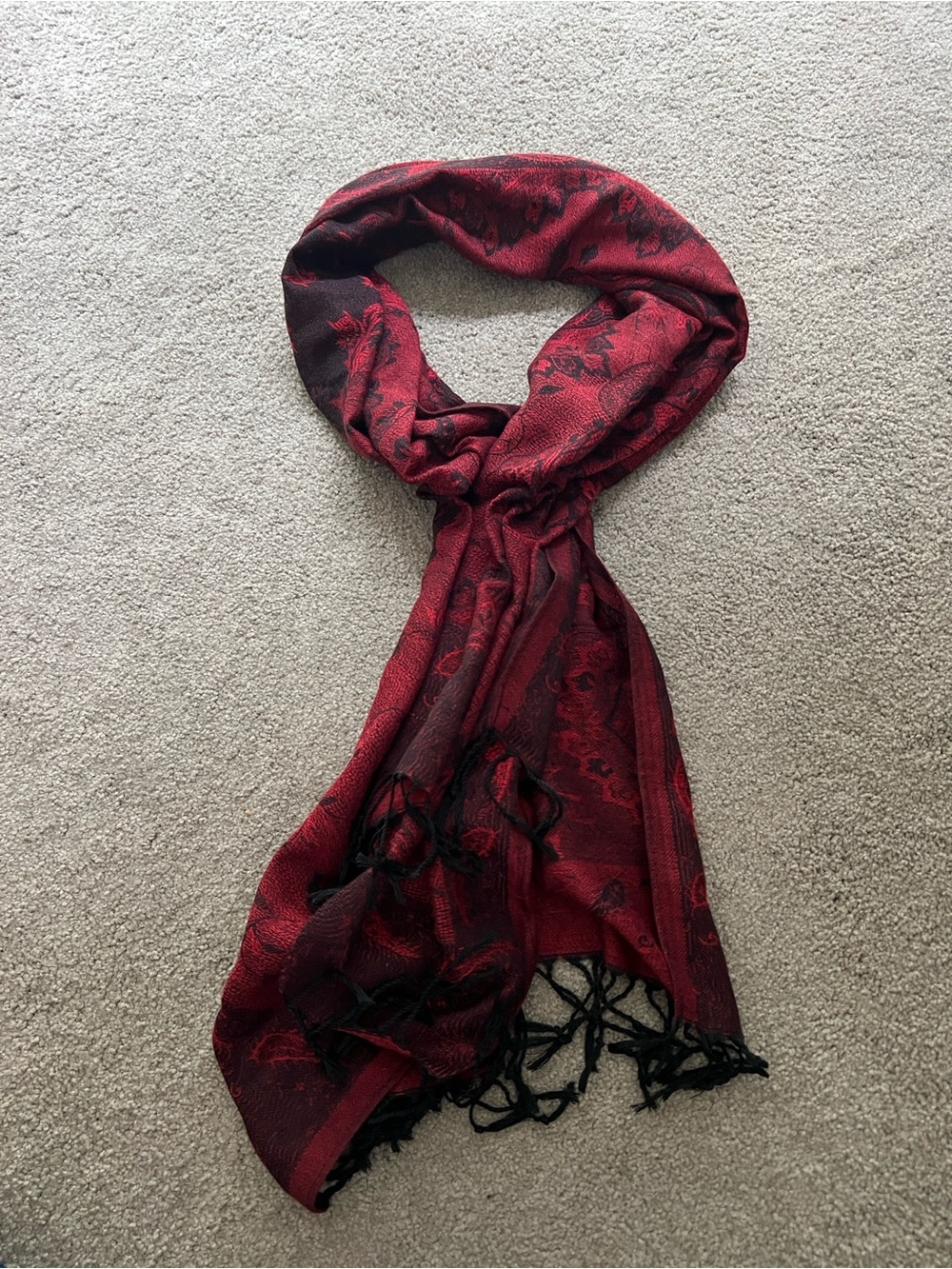Red and Black Paisley Fringe Shawl/Scarf